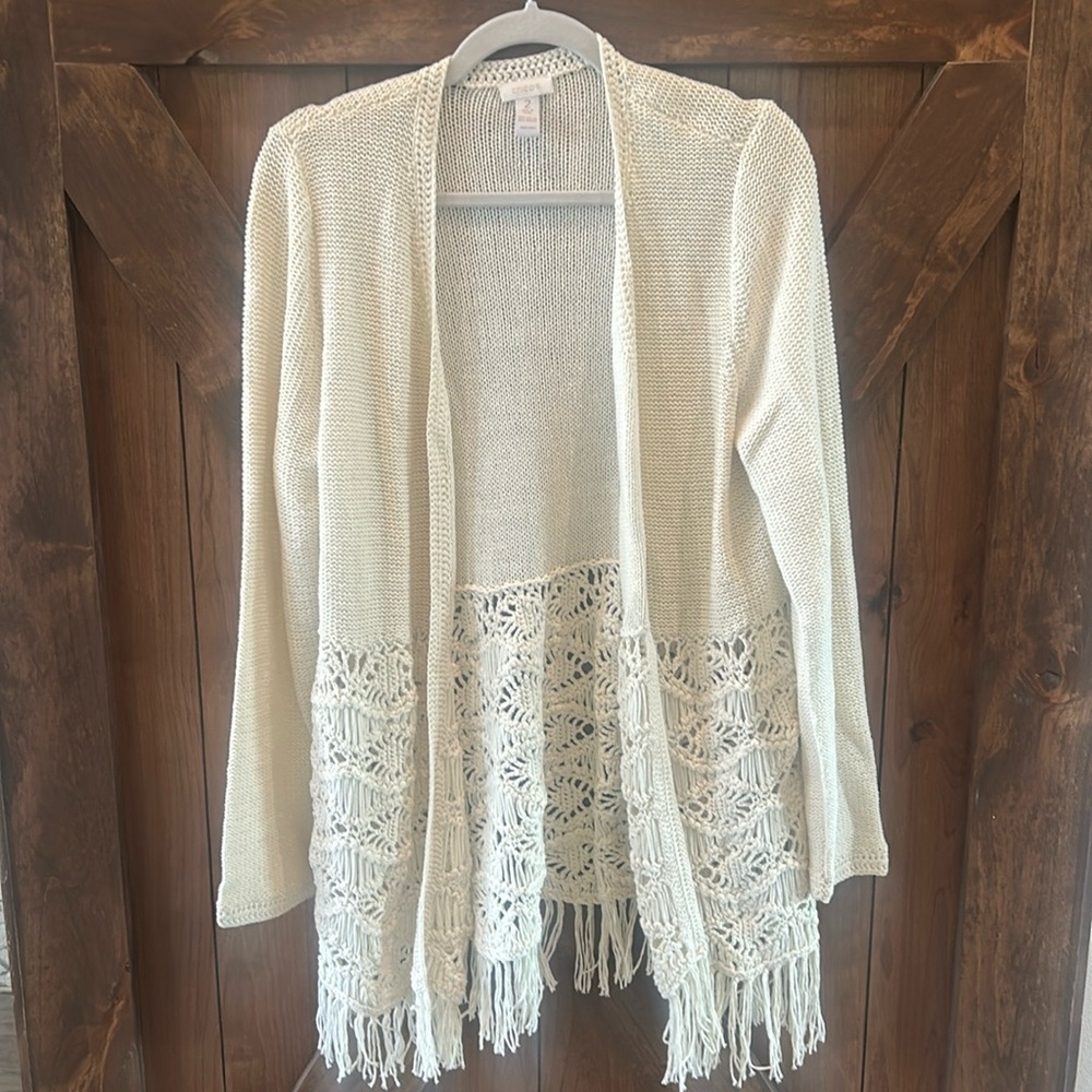 Chicos beautiful fringed cardigan.
